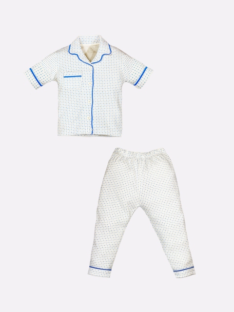 

BABY GO Kids White & Blue Geometric Print Pure Cotton Pyjamas Set