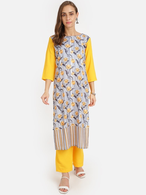 

SAADHVI Women Yellow & Grey Floral Printed Crepe Kurta