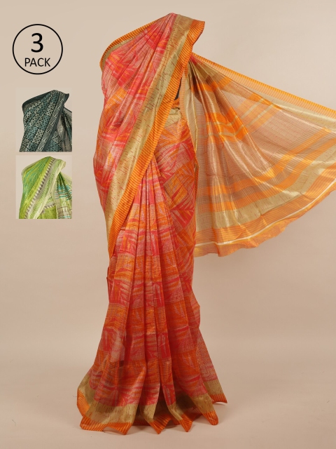 

Pothys Pack of 3 Ethnic Motifs Jute Silk Sarees, Orange