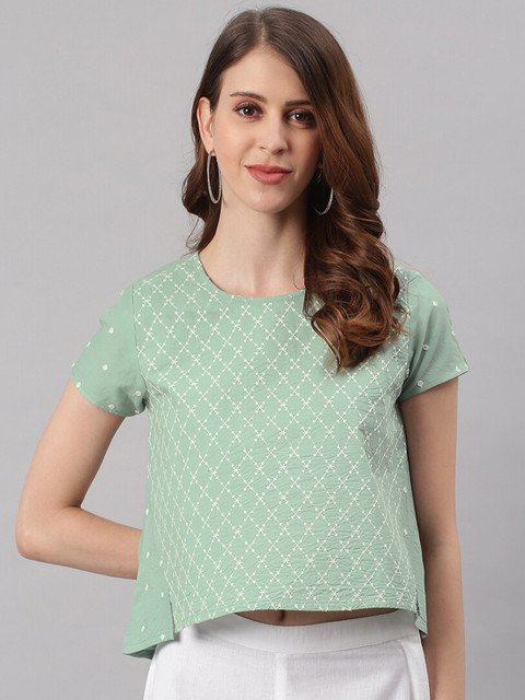 

Janasya Green Embroidered Crop Top