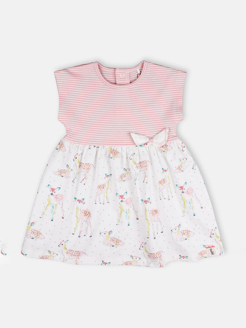 

Babysafe Girls White & Pink Striped & Printed Bow Detail Dress