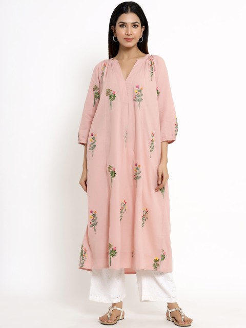 

VRISA Women Pink Floral Embroidered Thread Work Kurta