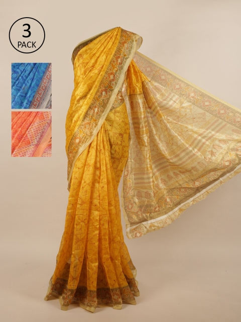 

Pothys Pack of 3 Ethnic Motifs Jute Silk Sarees, Yellow