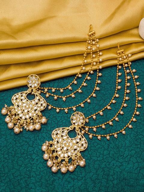 

aadita Gold-Toned Pearls Studded Contemporary Chandbalis Earrings With Hair Chain
