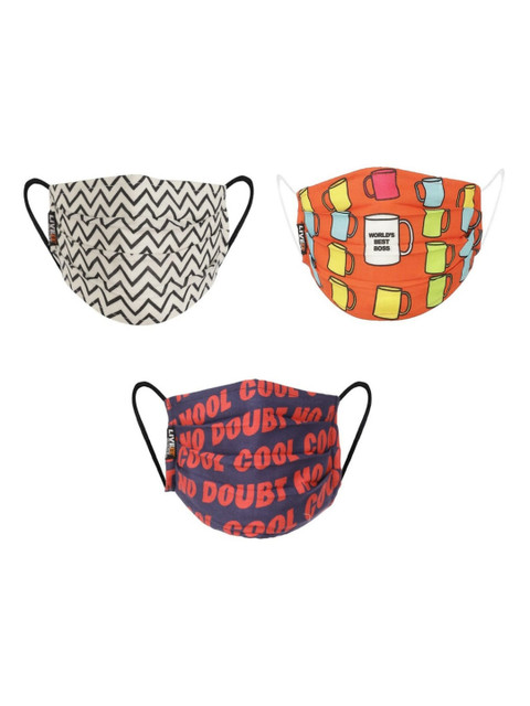 

LIVE IT SAFE Unisex Pack Of 3 Printed 4-Ply Reusable Anti Pollution Cotton Cloth Face Masks, Off white