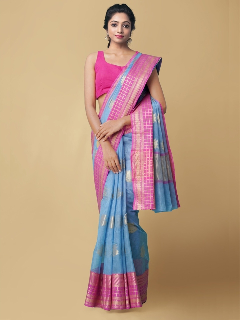 

Unnati Silks Blue & Pink Woven Design Silk Cotton Kota Saree