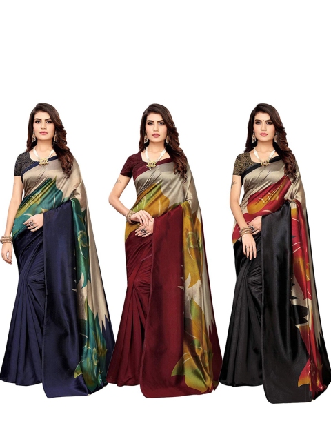 

KALINI Navy Blue & Maroon Pack of 3 Floral Saree