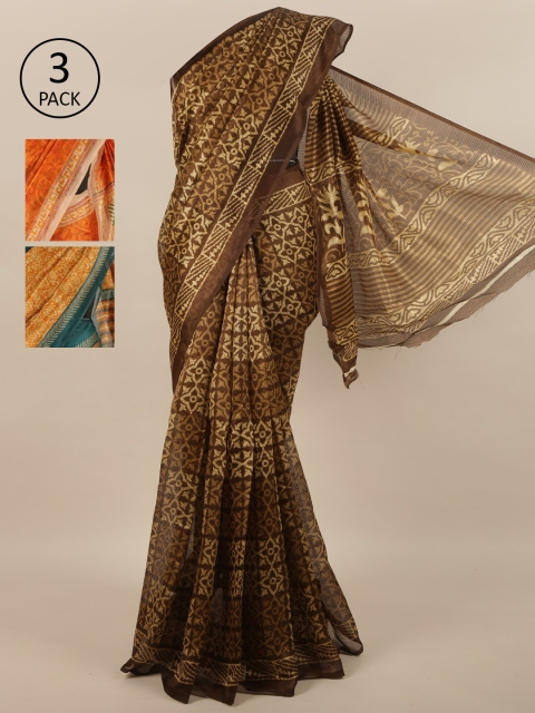 

Pothys Pack of 3 Ethnic Motifs Jute Silk Sarees, Brown