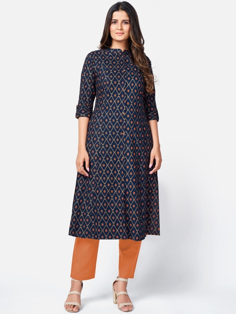

Vbuyz Women Navy Blue & Orange Geometric Printed Kurta