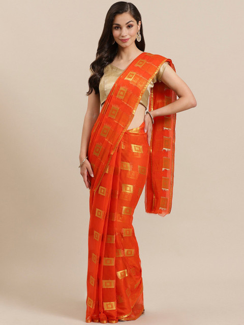 

Mitera Orange & Golden Woven Design Zari Saree
