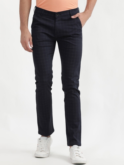V2 Value & Variety Men Navy Blue Checked Chinos Trousers