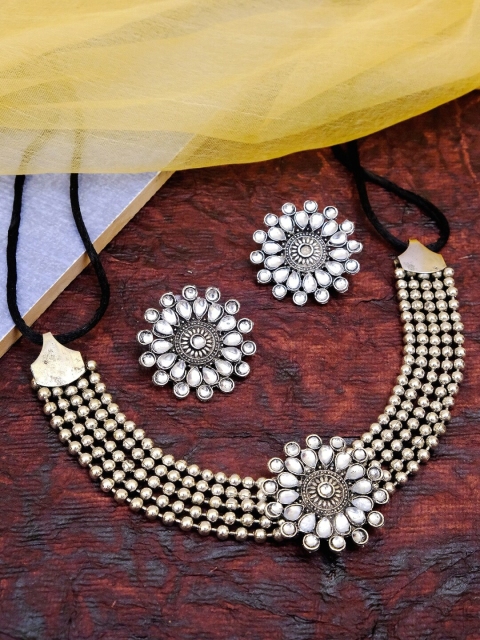 

Crunchy Fashion Oxidized German Silver-Plated Stone-Studded & Beaded Jewellery Set