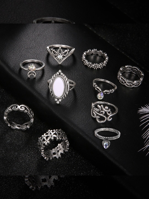 

YoungWildFree Set Of 10 Silver-Plated White Rhinestone-Studded Finger Rings