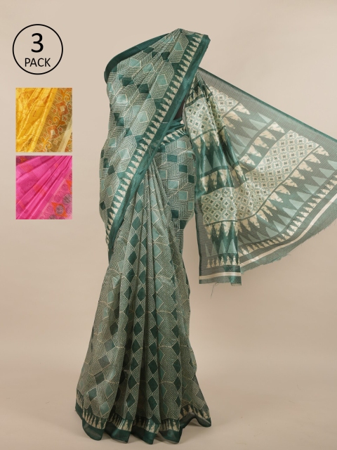 

Pothys Pack of 3 Ethnic Motifs Jute Silk Sarees, Green