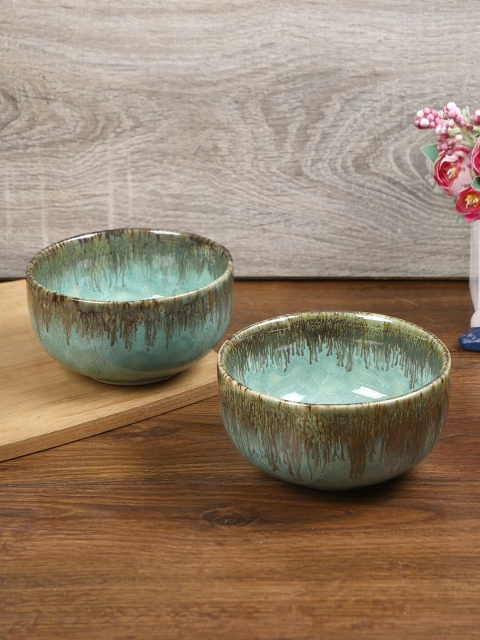 

Aapno Rajasthan Sea Green & Brown 2 Pieces Textured Ceramic Glossy Bowls