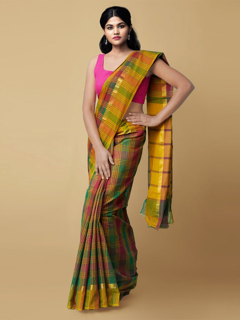 

Unnati Silks Green & Red Checked Zari Pure Cotton Mangalagiri Handloom Saree