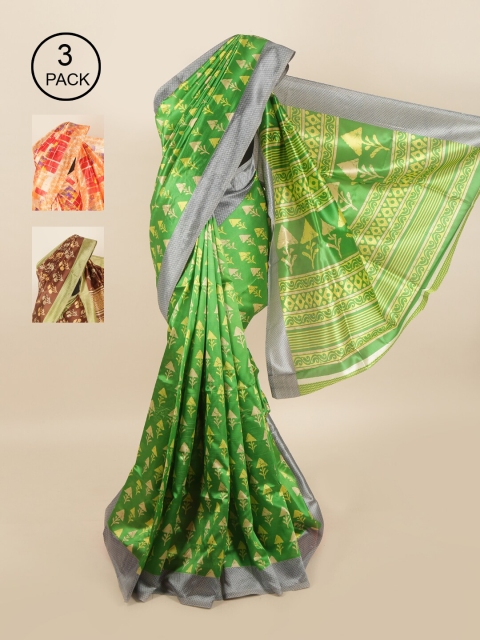 

Pothys Pack of 3 Ethnic Motifs Jute Silk Sarees, Green