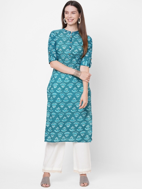 

FASHOR Women Sea Green Ethnic Motifs Printed Straight Kurta