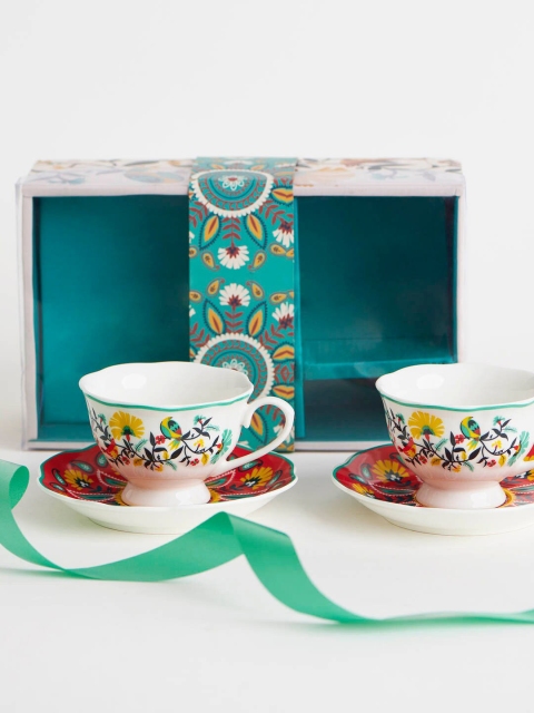 

Chumbak White Kashmir Printed 2 Pieces Bone China Cup and Saucers Set