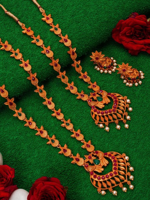 

aadita Gold-Plated Pink & Green Stone-Studded & White Beaded Temple Jewellery Set