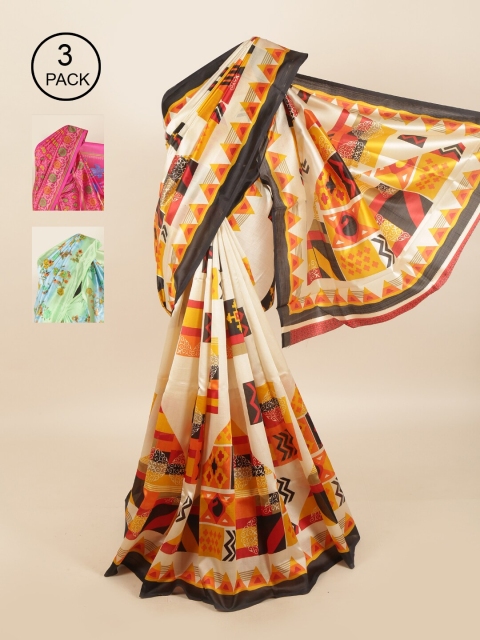 

Pothys Pack of 3 Ethnic Motifs Jute Silk Sarees, White