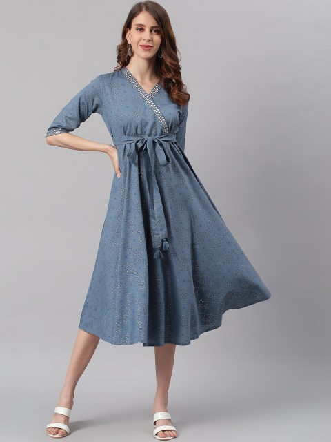 

Janasya Women Blue Printed Midi Dress