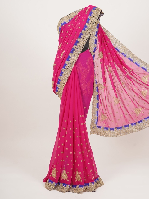 

Pothys Pink & Gold-Toned Floral Beads and Stones Saree