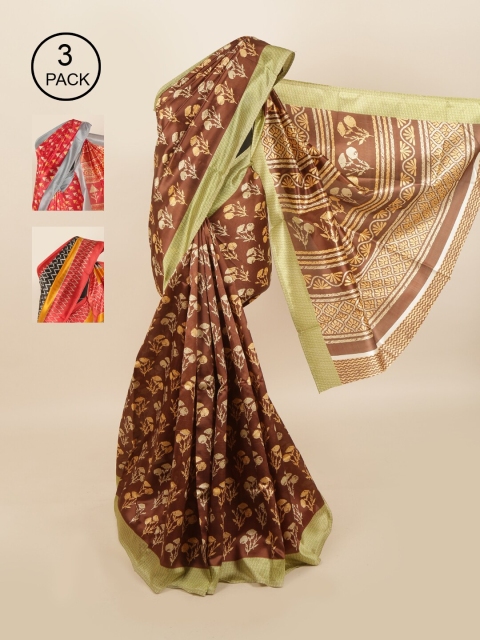 

Pothys Pack of 3 Ethnic Motifs Jute Silk Sarees, Brown