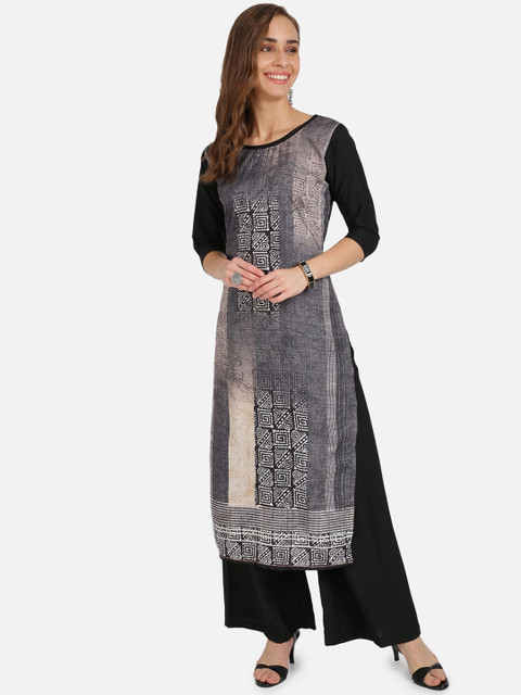 

SAADHVI Women Black Abstract Printed Crepe Kurta