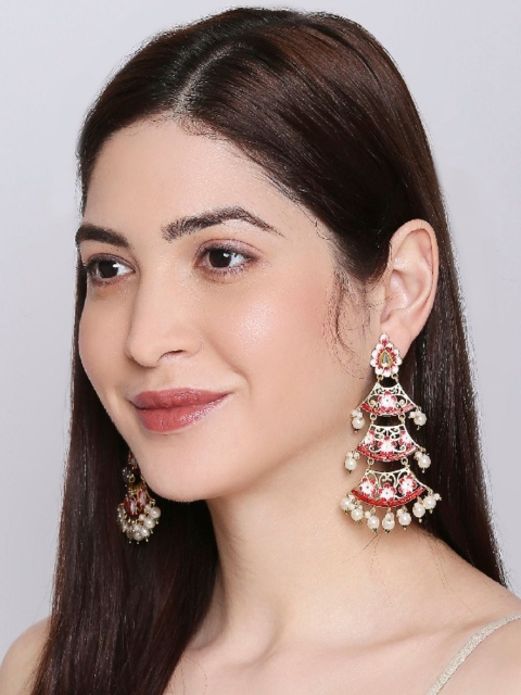 

OOMPH Women Red & Pink Meenakari Floral Gold-Plated Long Drop Earrings