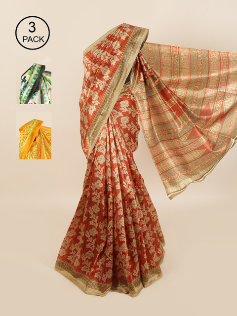 

Pothys Pack of 3 Ethnic Motifs Jute Silk Sarees, Brown