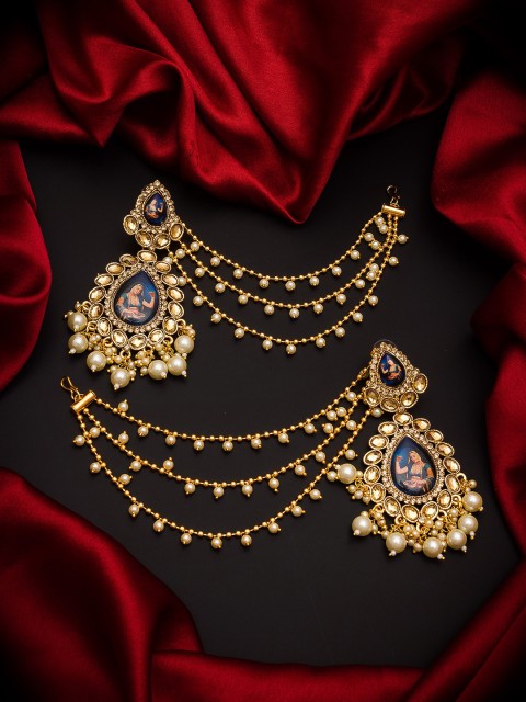 

aadita Gold-Toned & Blue Enamelled Teardrop Shaped Drop Earrings with Hair Chain