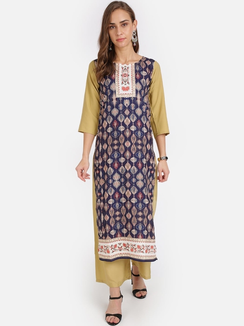 

SAADHVI Women Navy Blue Ethnic Motifs Printed Crepe Straight Kurta