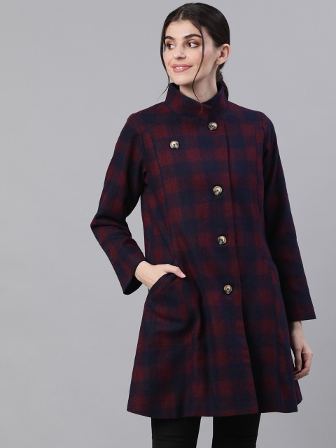 

Ishin Women Burgundy Navy Blue Checked Lightweight Longline Tailored Jacket