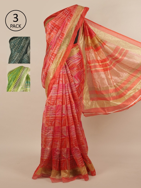 

Pothys Pack of 3 Ethnic Motifs Jute Silk Sarees, Pink