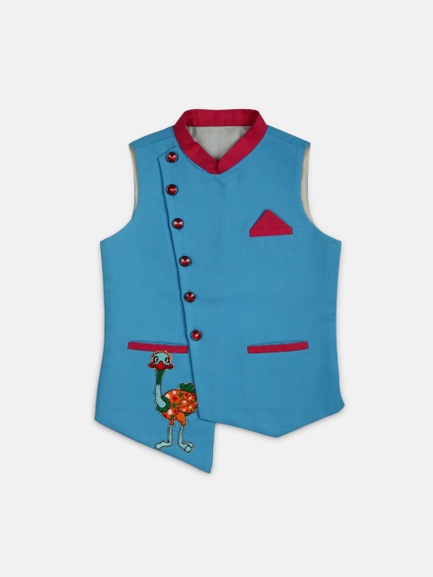 MAXENCE Boys Blue Solid Satin Nehru Jacket
