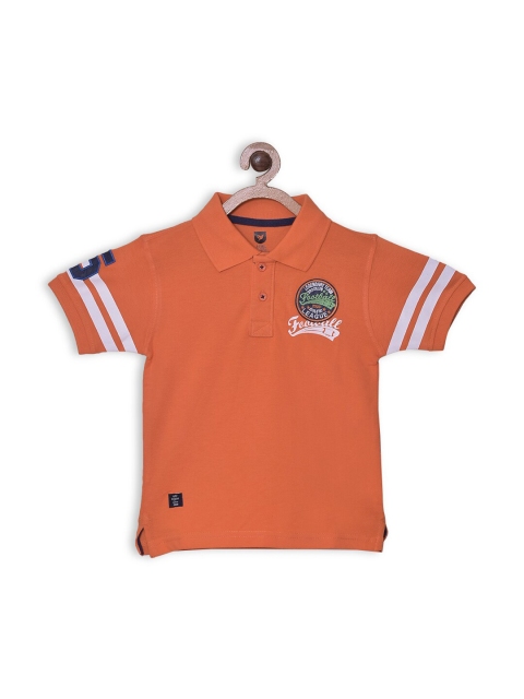 

612 league Boys Orange Typography Polo Collar Applique T-shirt