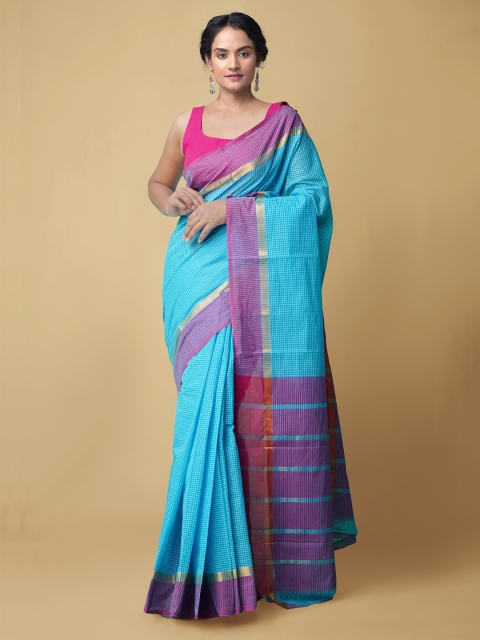 

Unnati Silks Blue & Gold-Toned Checked Zari Pure Cotton Mangalagiri Saree