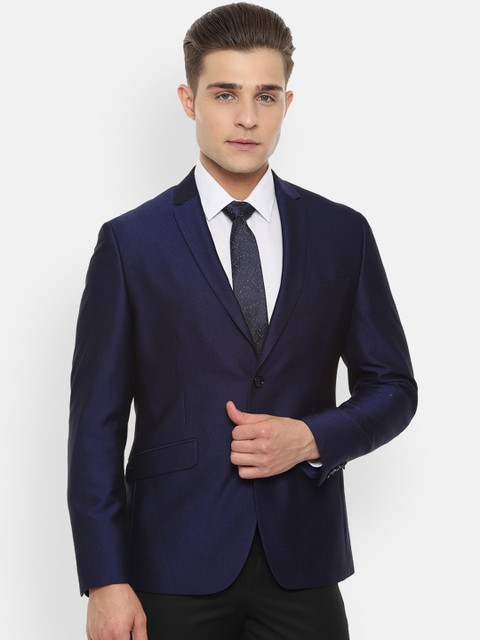 

V Dot Men Navy Blue Self Design Slim-Fit Single-Breasted Formal Blazer