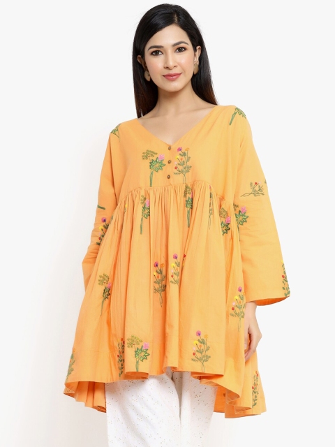 

VRISA Women Mustard Yellow & Green Floral Embroidered Pure Cotton Tunic
