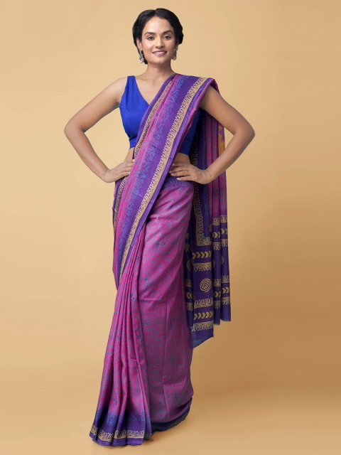Unnati Silks Pink & Blue Woven Design Pure Silk Baluchari Saree