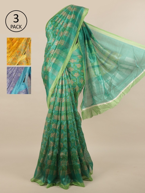 

Pothys Pack of 3 Ethnic Motifs Jute Silk Sarees, Green