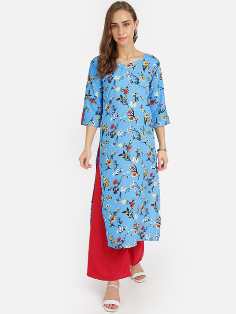 

SAADHVI Women Blue & Yellow Floral Printed Crepe Kurta