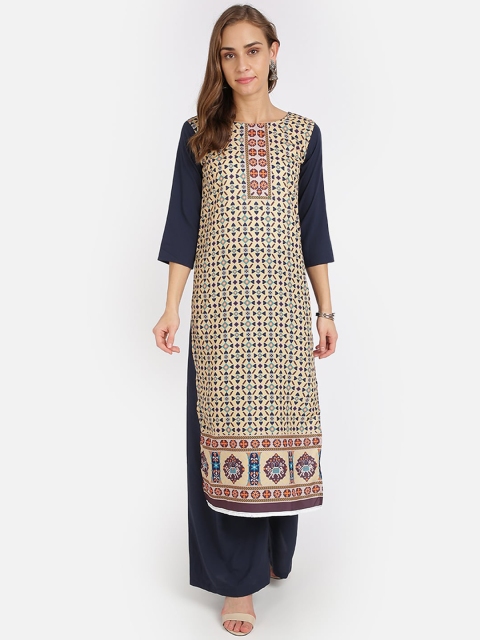 

SAADHVI Women Yellow Geometric Printed Thread Work Crepe Kurta