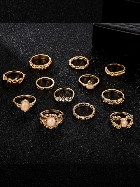 

YoungWildFree Set Of 12 Gold-Plated White & Pink Rhinestone-Studded Finger Rings
