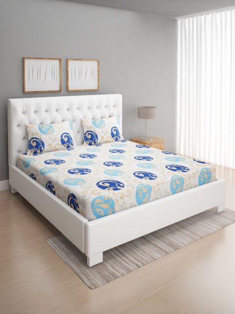 

ROMEE White & Blue Ethnic Motifs 144 TC Queen Bedsheet with 2 Pillow Covers