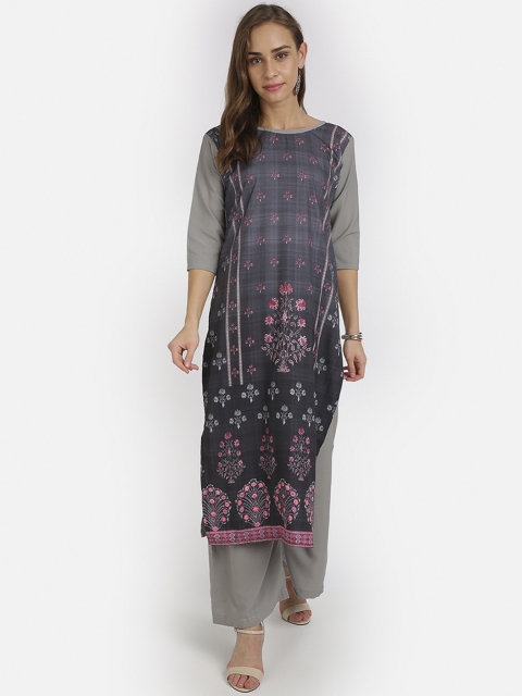

SAADHVI Women Grey & Pink Ethnic Motifs Printed Pure Crepe Kurta