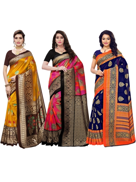 

KALINI Yellow & Navy Blue Pack of 3 Floral Poly Silk Saree