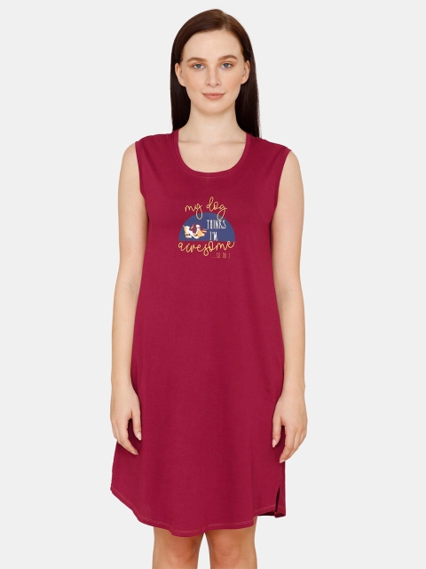 

Zivame Women Maroon Printed Pure Cotton Sleep Shirt
