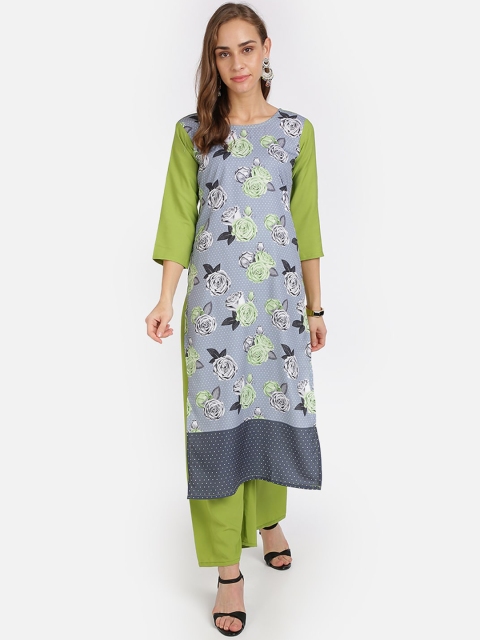 

SAADHVI Women Green & Grey Floral Printed Crepe Kurta